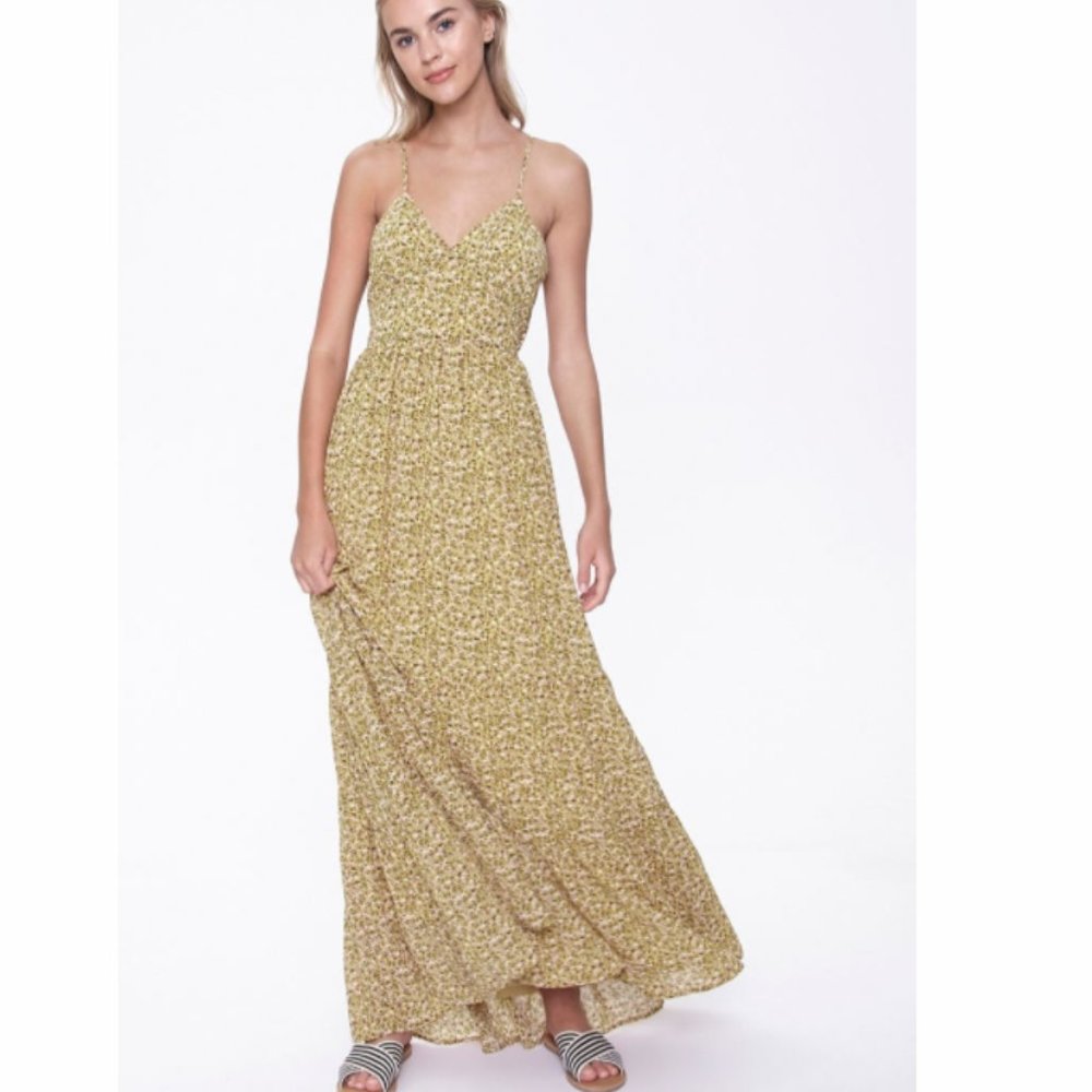 Yellow Ditsy Floral Print Open Back Maxi Dress